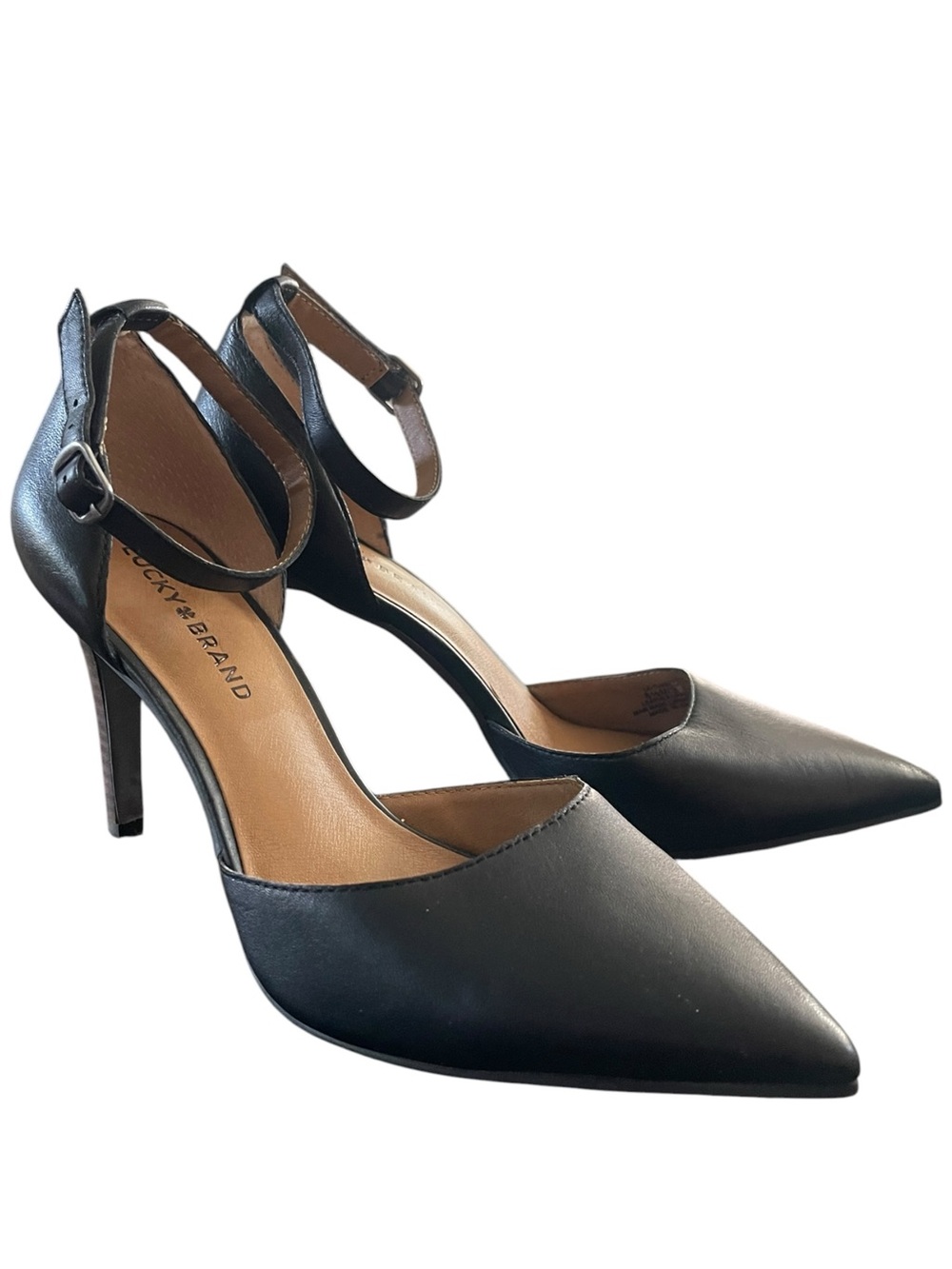 Lucky Brand Tukko Black Leather Pointed Toe Ankle Strap Stiletto Heel Pump 8.5